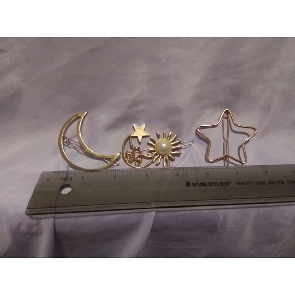 Crescent Moon Sun & Star Hair Clip Barrette Set Gold Tone Faux Pearl - Picture 2 of 4
